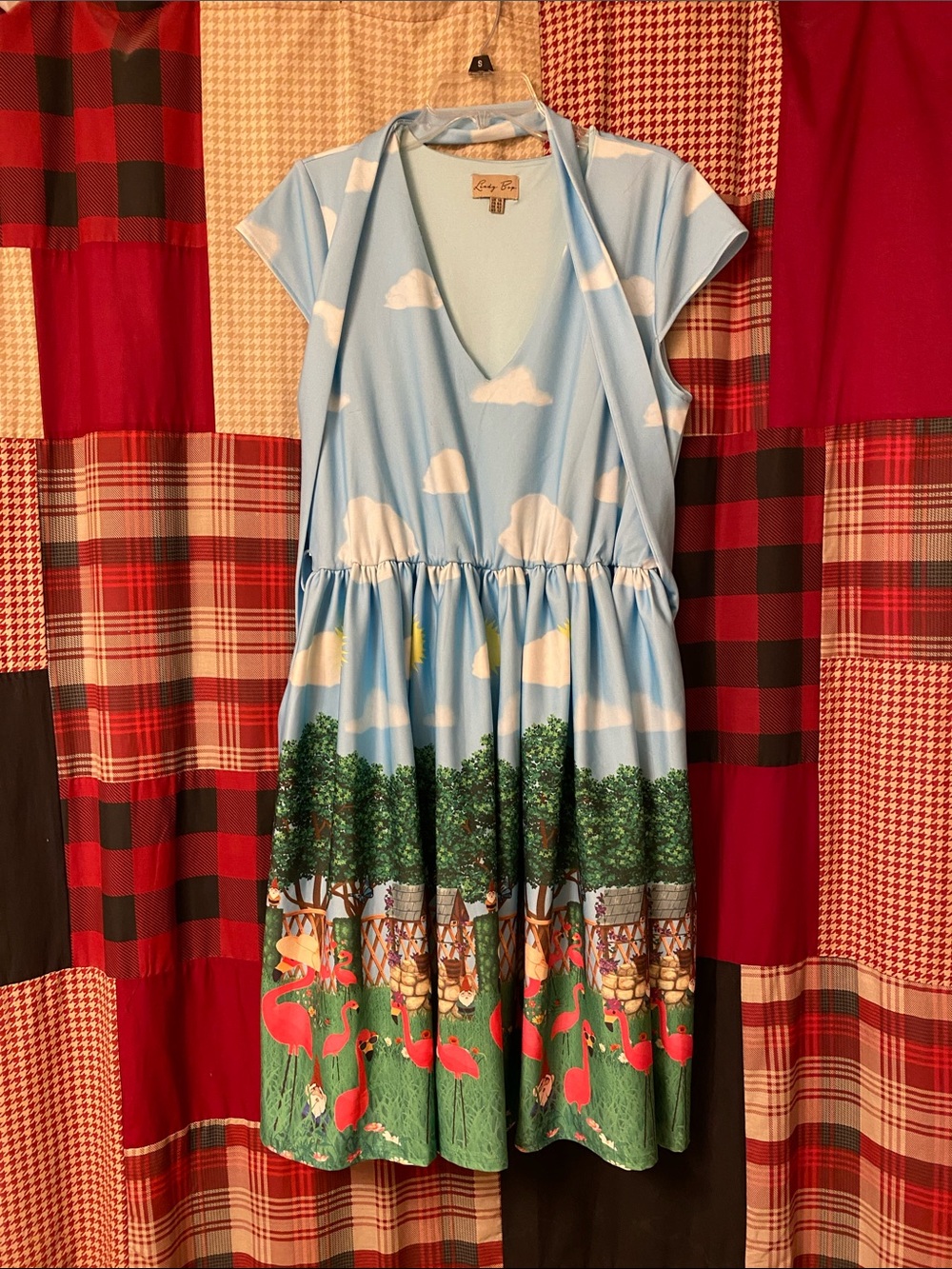 Lindy Bop Pale Blue V-neck Dress with Tan Label